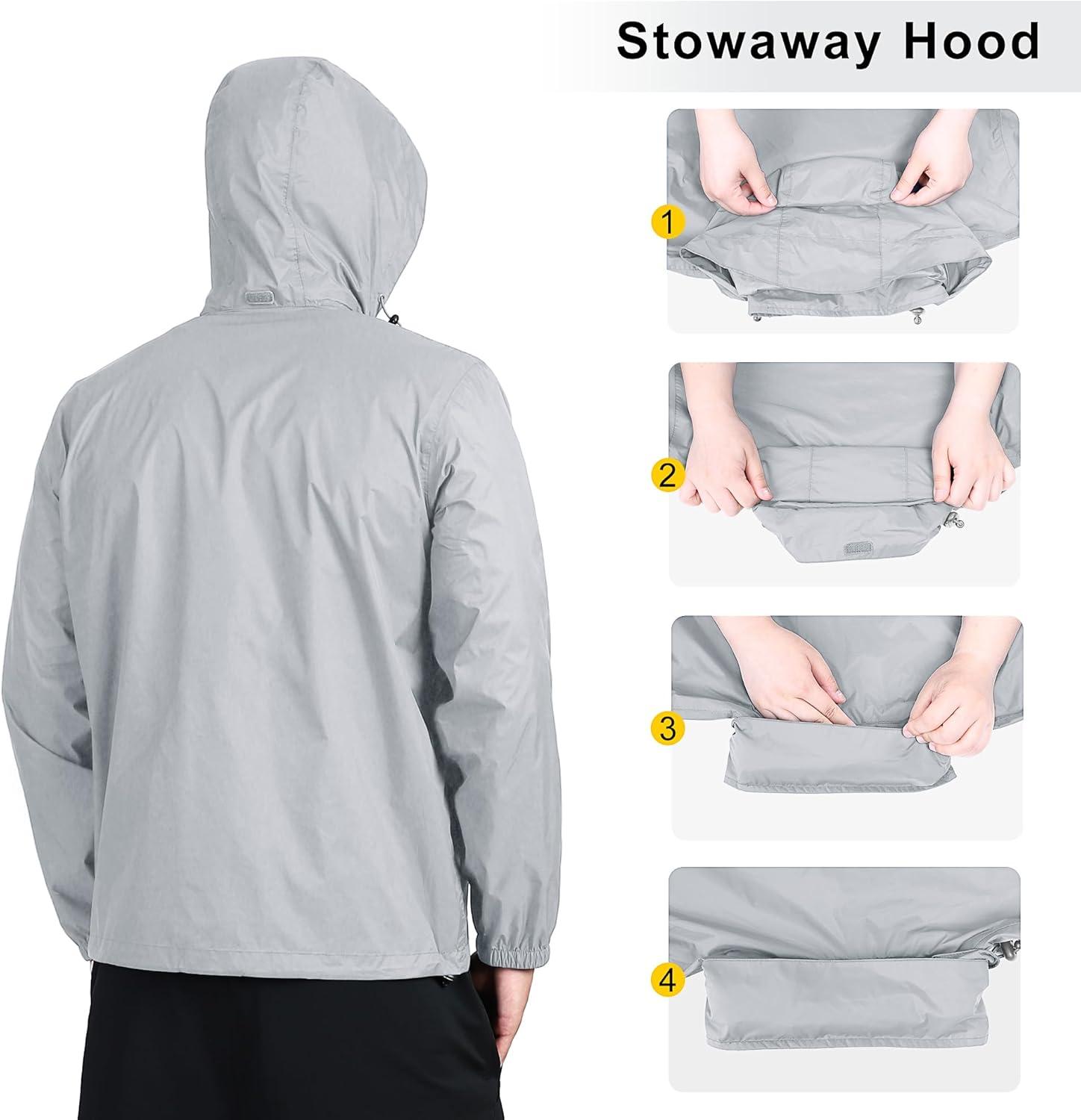 Outdoor Ventures Men’s Rain Jacket Waterproof Lightweight Packable Rain Shell Raincoat with Hood for Golf Hiking Travel(Ivory)