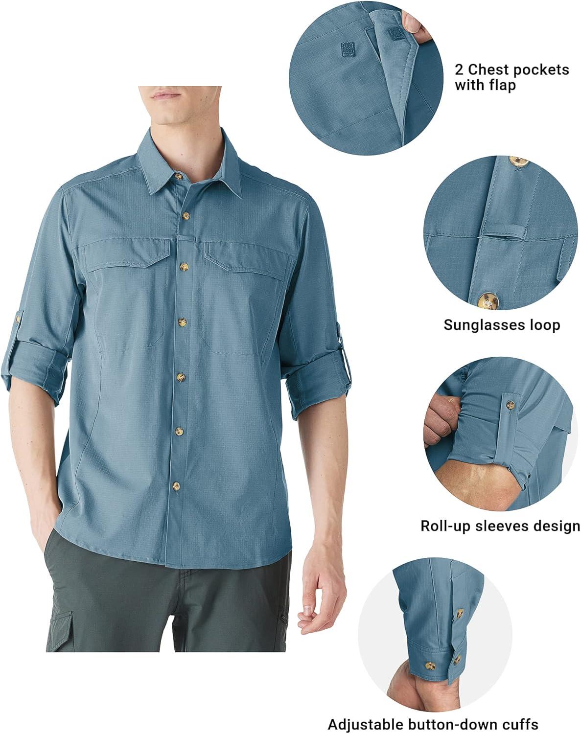 Outdoor Ventures Men’s UPF 50+ UV Sun Protection SPF Hiking Shirt Long Sleeve Lightweight Quick Dry for Safari Travel Fishing(Blue)