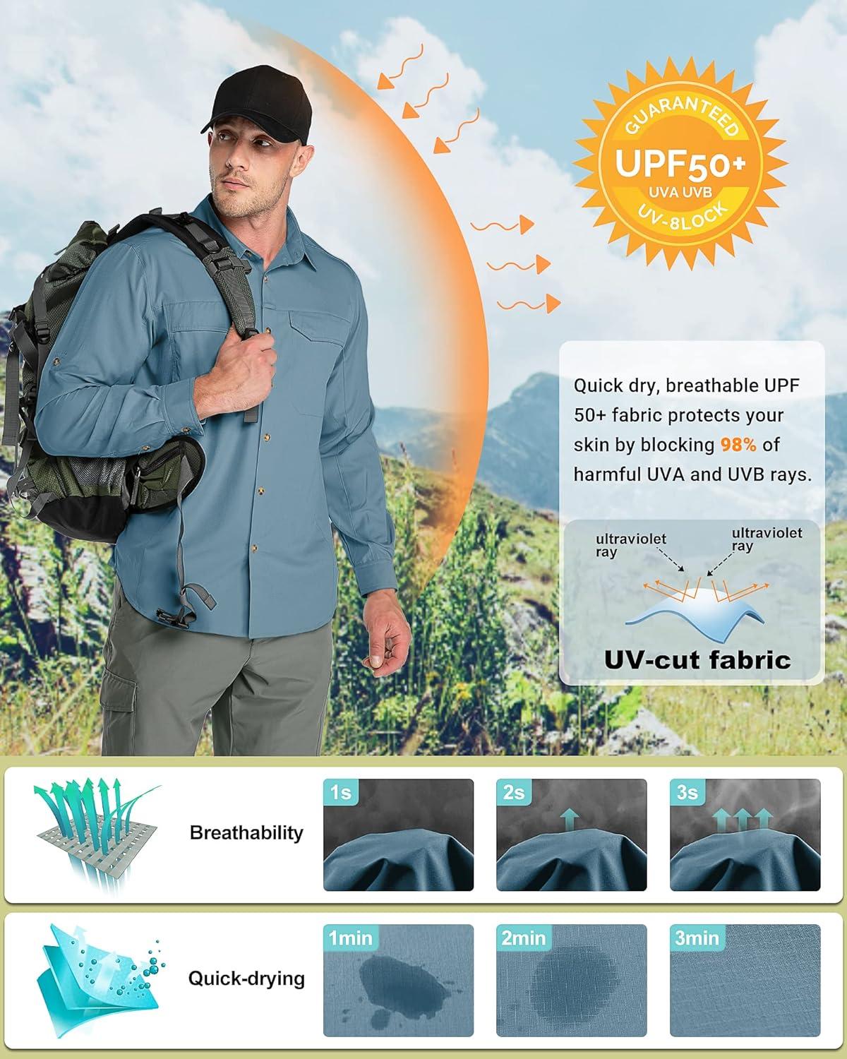 Outdoor Ventures Men’s UPF 50+ UV Sun Protection SPF Hiking Shirt Long Sleeve Lightweight Quick Dry for Safari Travel Fishing(Blue)
