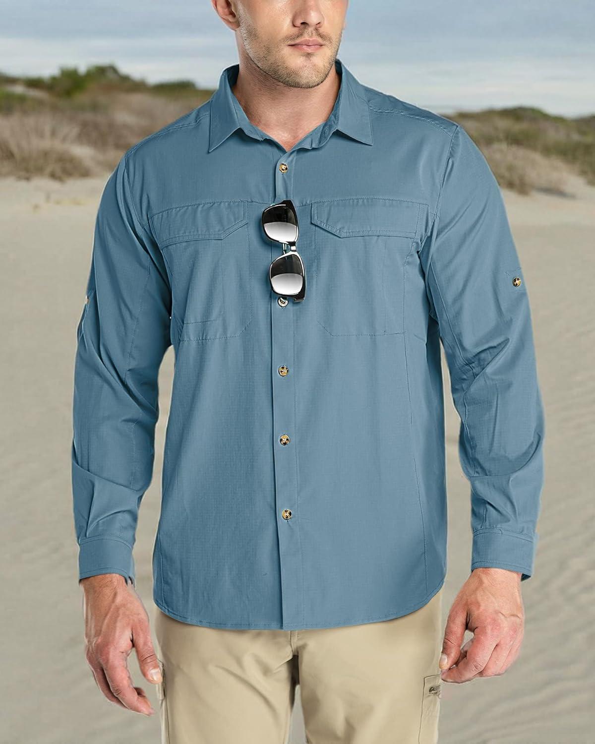 Outdoor Ventures Men’s UPF 50+ UV Sun Protection SPF Hiking Shirt Long Sleeve Lightweight Quick Dry for Safari Travel Fishing(Blue)