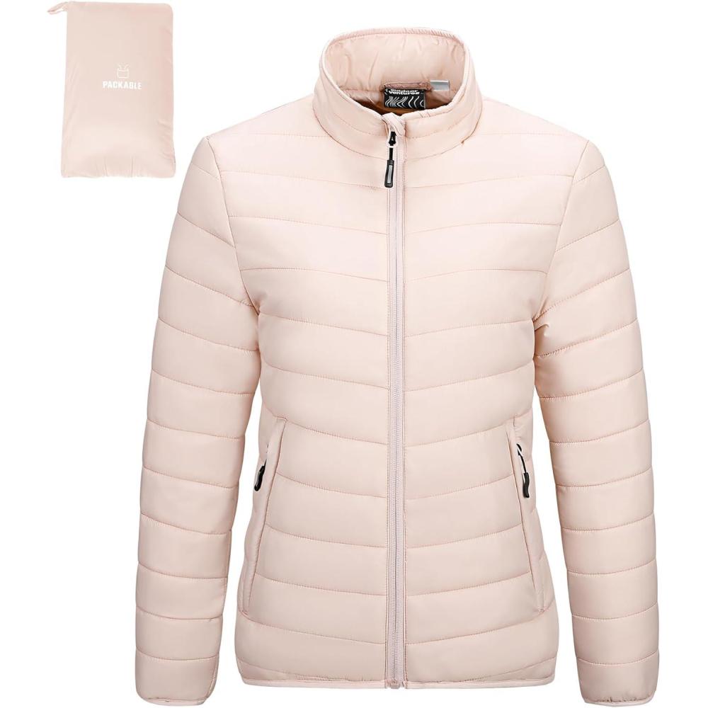 Outdoor Ventures Women’s Packable Full-Zip Short Puffer Jacket Insulated Quilted Warm Lightweight Winter Coat(Pink(fold in Pocket))