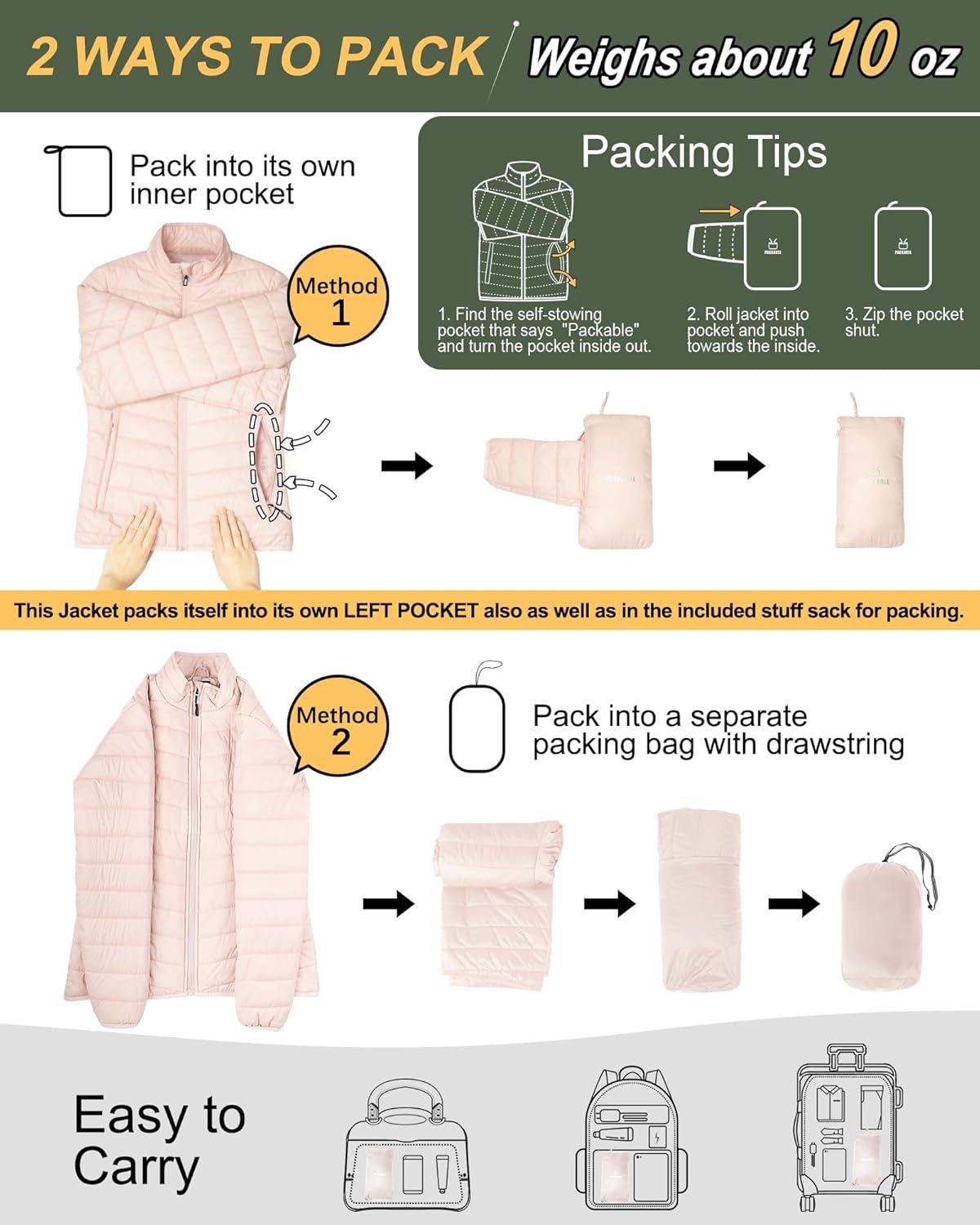 Outdoor Ventures Women’s Packable Full-Zip Short Puffer Jacket Insulated Quilted Warm Lightweight Winter Coat(Pink(fold in Pocket))