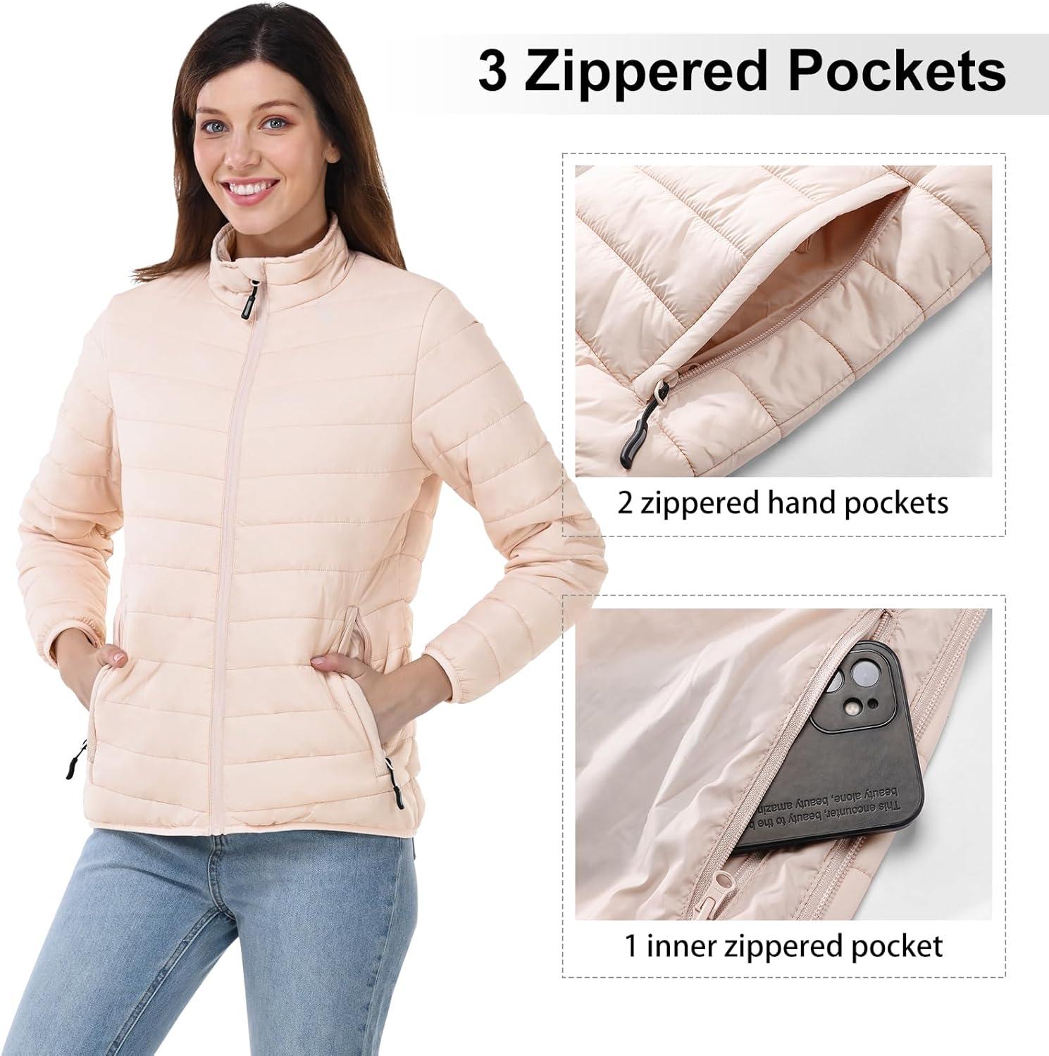 Outdoor Ventures Women’s Packable Full-Zip Short Puffer Jacket Insulated Quilted Warm Lightweight Winter Coat(Pink(fold in Pocket))