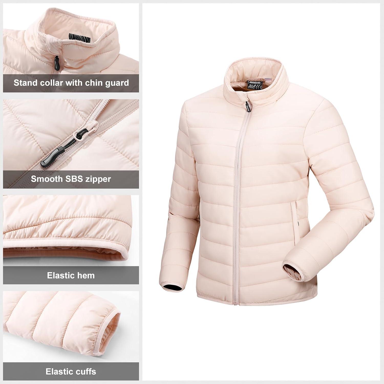 Outdoor Ventures Women’s Packable Full-Zip Short Puffer Jacket Insulated Quilted Warm Lightweight Winter Coat(Pink(fold in Pocket))