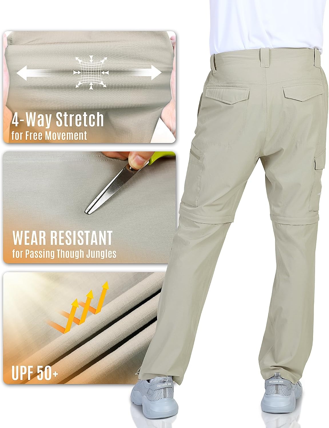 Outdoor Ventures Mens Convertible Hiking Pants Quick Dry Zip Off Cargo(Beige)