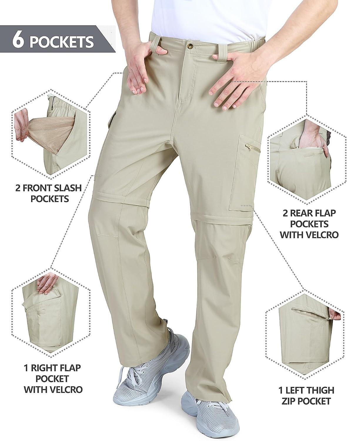 Outdoor Ventures Mens Convertible Hiking Pants Quick Dry Zip Off Cargo(Beige)