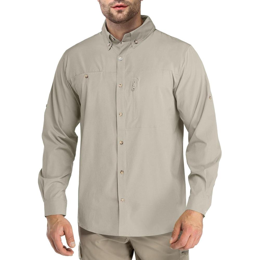 Outdoor Ventures Men’s Long Sleeve Hiking Shirt UPF 50 UV Sun Protection Shirt Cooling Quick Dry for Travel Fishing Safari(Mid Grey)
