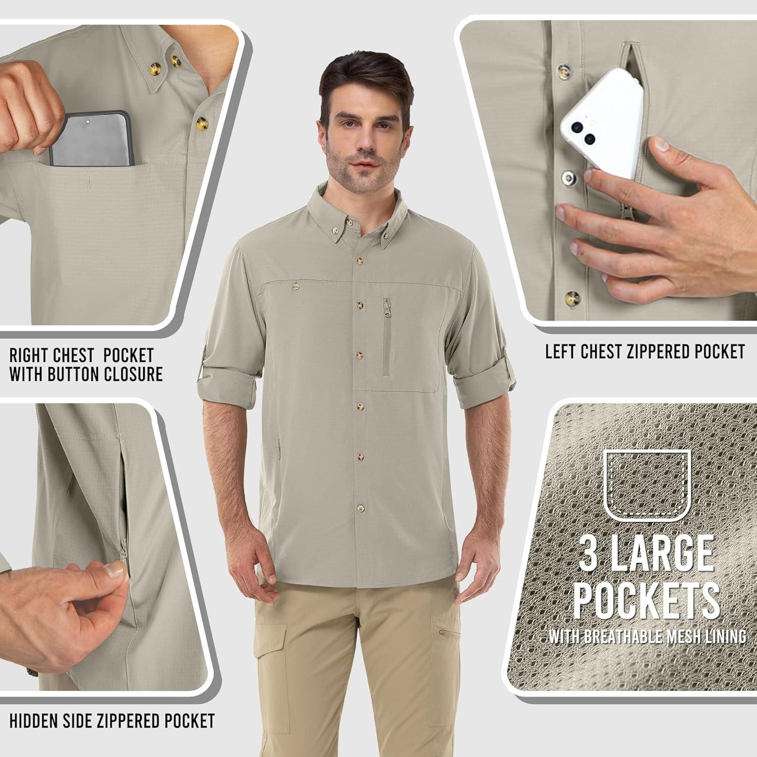 Outdoor Ventures Men’s Long Sleeve Hiking Shirt UPF 50 UV Sun Protection Shirt Cooling Quick Dry for Travel Fishing Safari(Mid Grey)