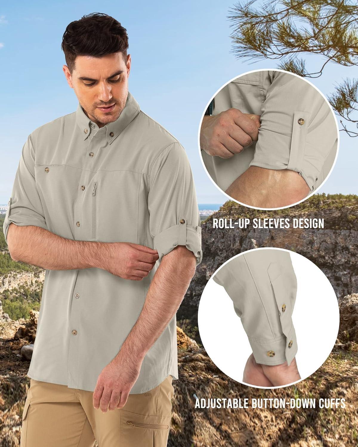 Outdoor Ventures Men’s Long Sleeve Hiking Shirt UPF 50 UV Sun Protection Shirt Cooling Quick Dry for Travel Fishing Safari(Mid Grey)