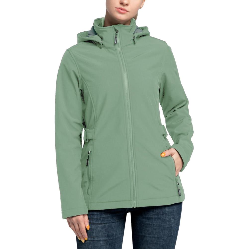 Outdoor Ventures Women’s Softshell Jacket with Removable Hood, Insulated Windbreaker Waterproof Warm Fleece Lined Coat(Light Green)