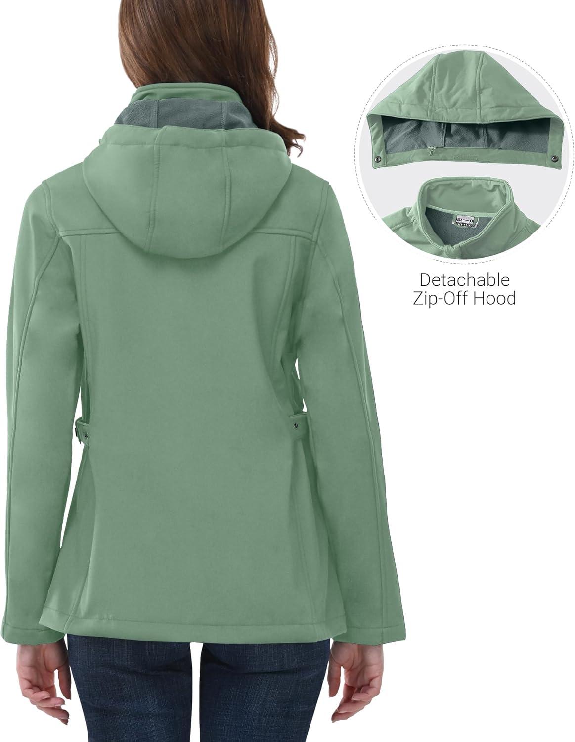 Outdoor Ventures Women’s Softshell Jacket with Removable Hood, Insulated Windbreaker Waterproof Warm Fleece Lined Coat(Light Green)