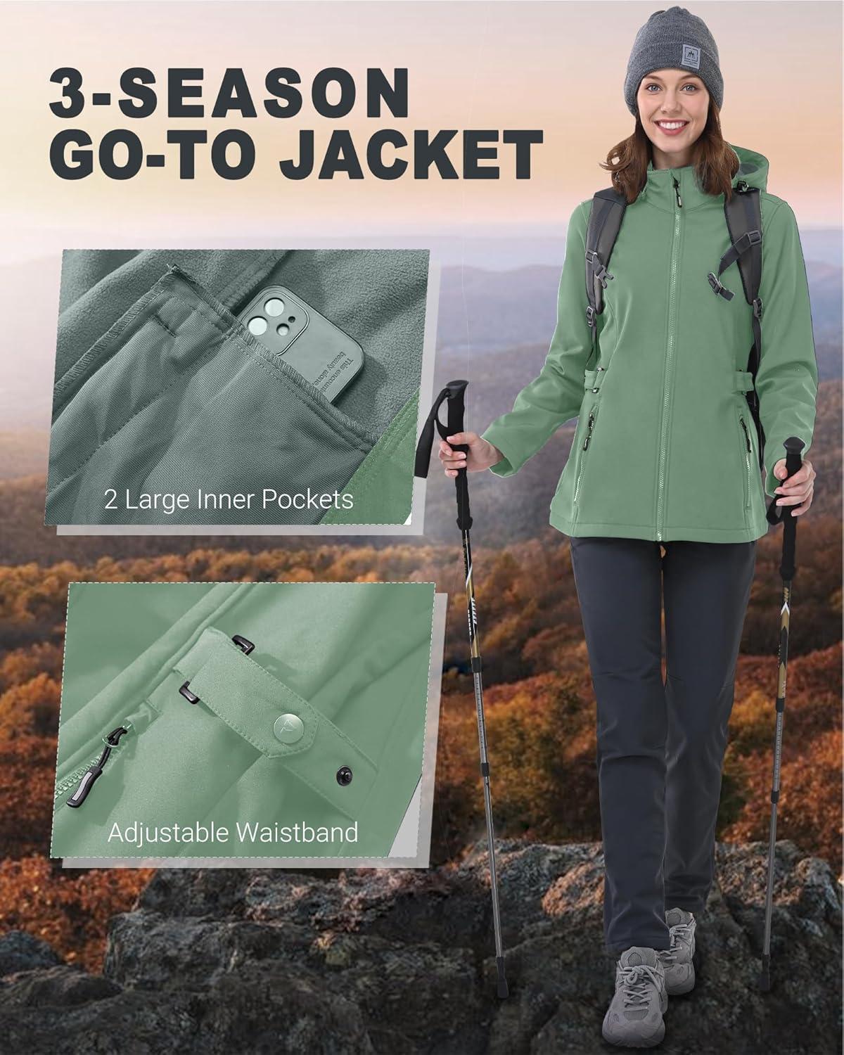 Outdoor Ventures Women’s Softshell Jacket with Removable Hood, Insulated Windbreaker Waterproof Warm Fleece Lined Coat(Light Green)