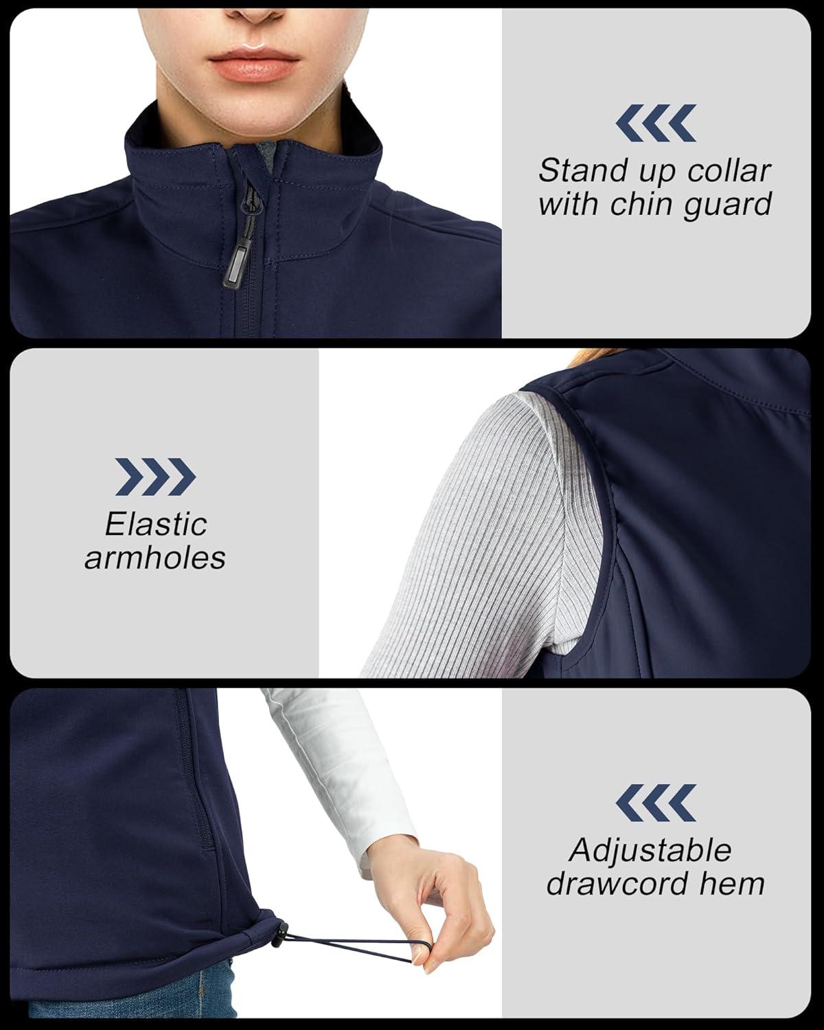 Outdoor Ventures Women’s Lightweight Softshell Vest Windproof Fleece Lined Zip Up Sleeveless Jacket for Running Hiking Golf(Dark Blue)