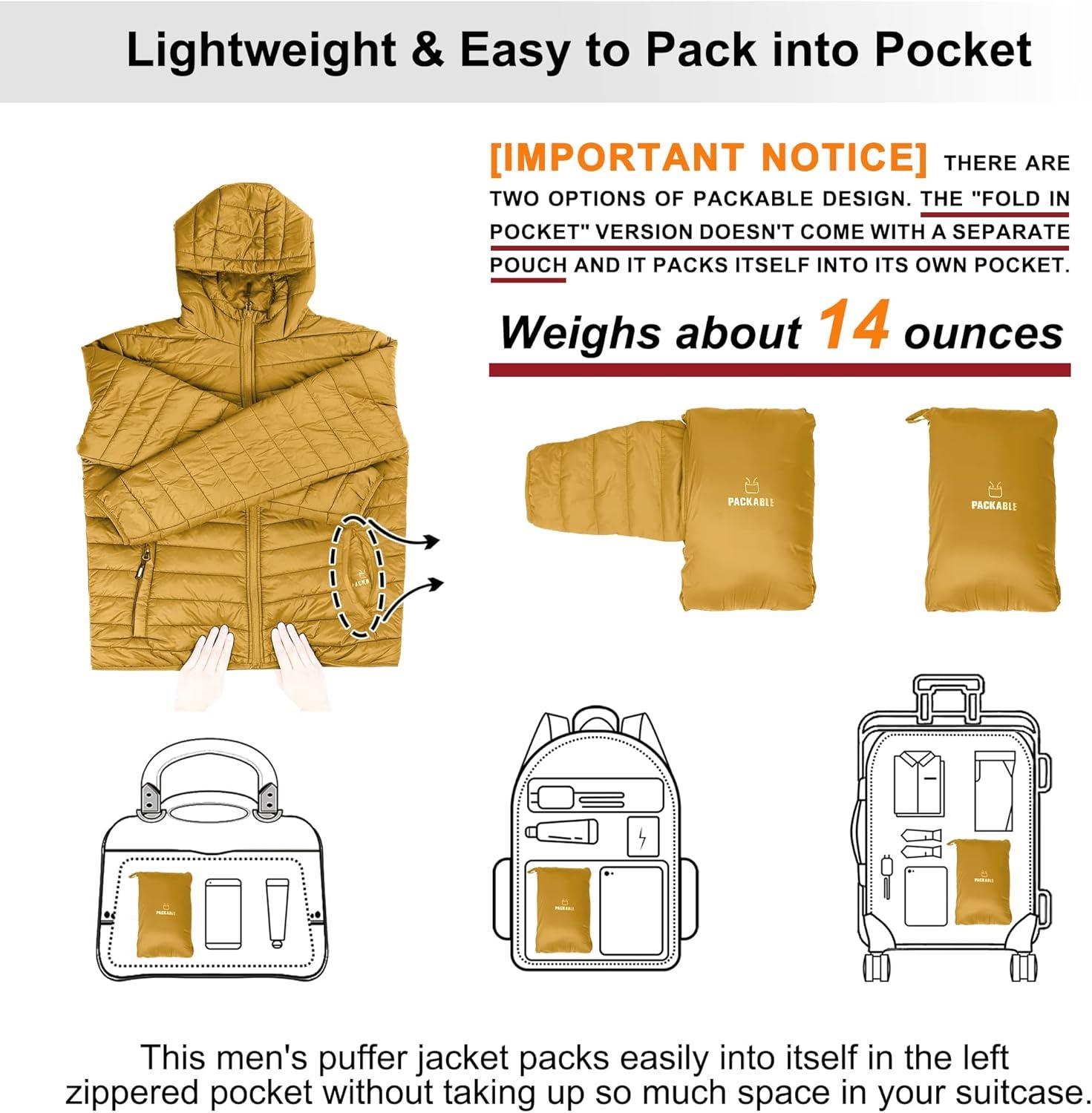 Outdoor Ventures Men’s Lightweight Packable Hooded Puffer Jacket Insulated Winter Coat for Snow Ski Traveling(Palm Yellow(fold in Pocket))