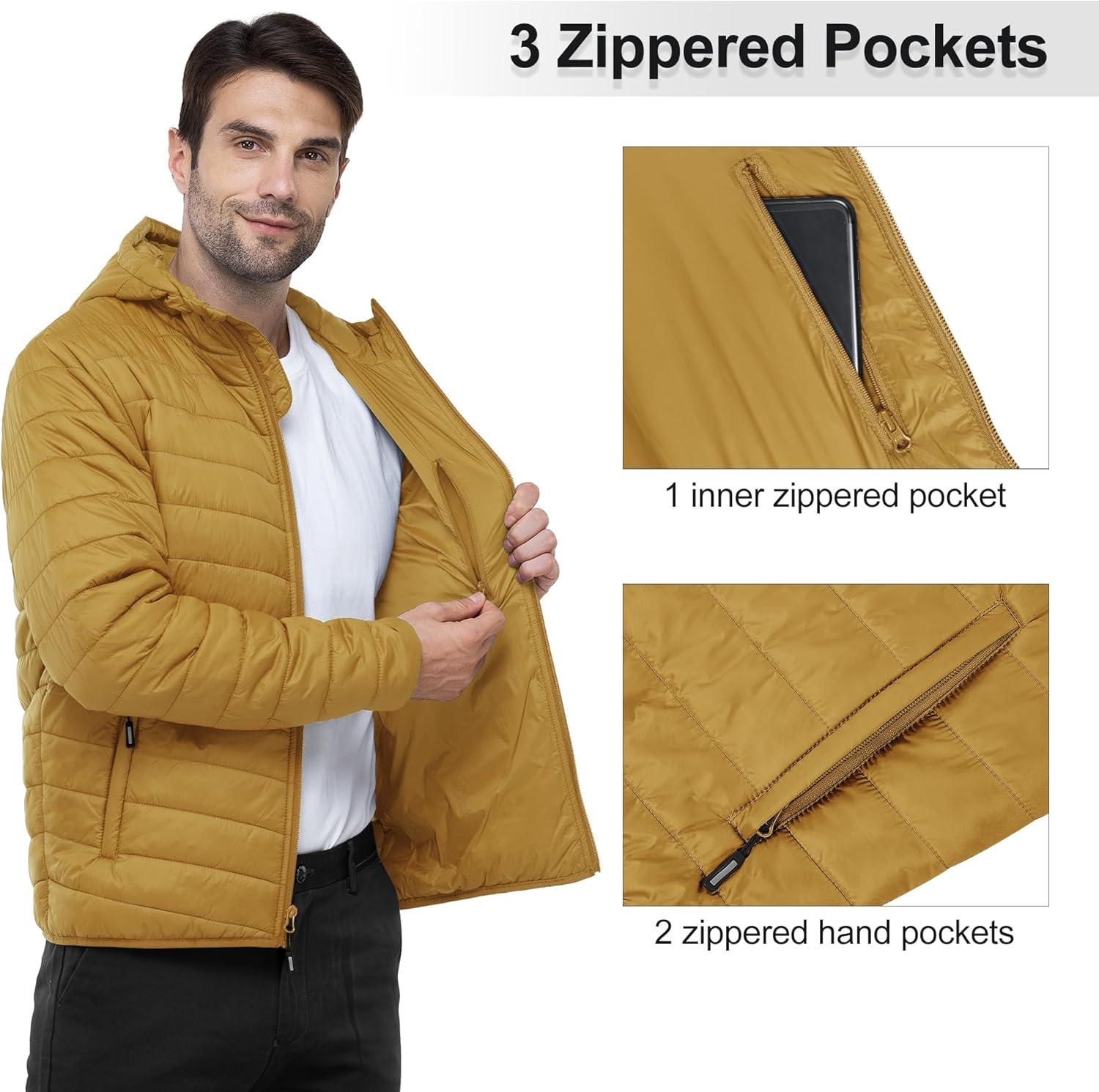 Outdoor Ventures Men’s Lightweight Packable Hooded Puffer Jacket Insulated Winter Coat for Snow Ski Traveling(Palm Yellow(fold in Pocket))