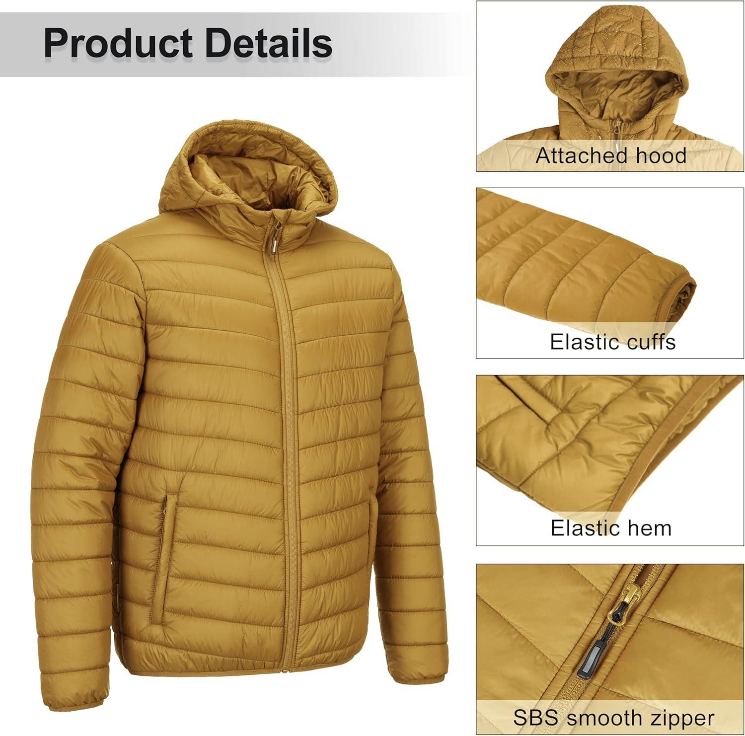 Outdoor Ventures Men’s Lightweight Packable Hooded Puffer Jacket Insulated Winter Coat for Snow Ski Traveling(Palm Yellow(fold in Pocket))