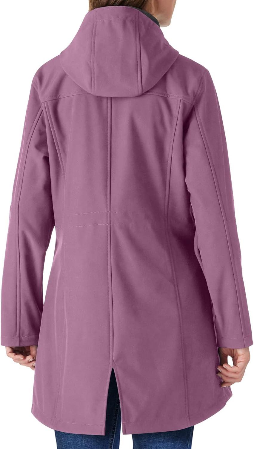 Outdoor Ventures Women’s Lightweight Waterproof Fleece Lined Hooded Softshell Rain Jacket, Warm Windbreaker Long Coat(Light Pinky Purple)