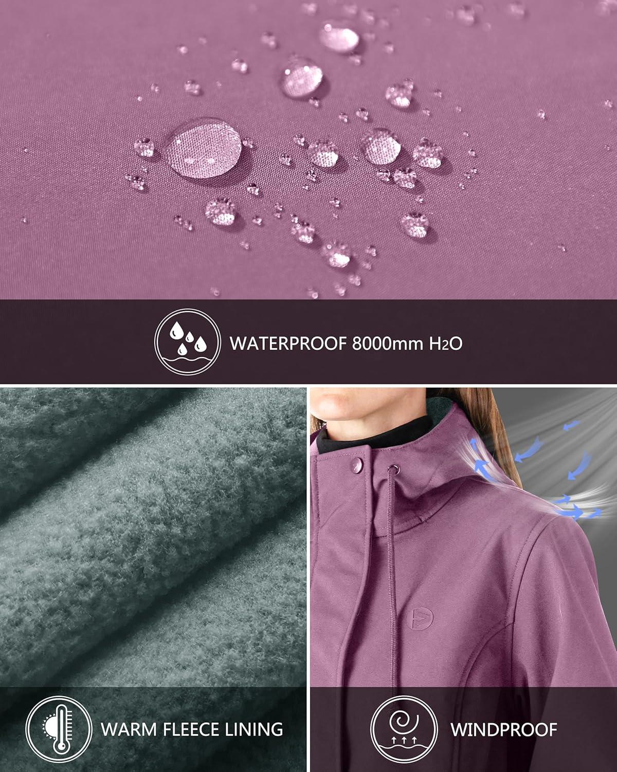 Outdoor Ventures Women’s Lightweight Waterproof Fleece Lined Hooded Softshell Rain Jacket, Warm Windbreaker Long Coat(Light Pinky Purple)