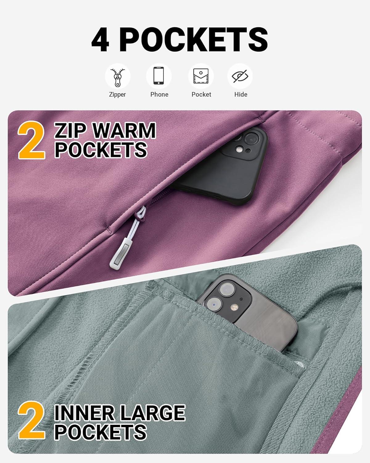 Outdoor Ventures Women’s Lightweight Waterproof Fleece Lined Hooded Softshell Rain Jacket, Warm Windbreaker Long Coat(Light Pinky Purple)