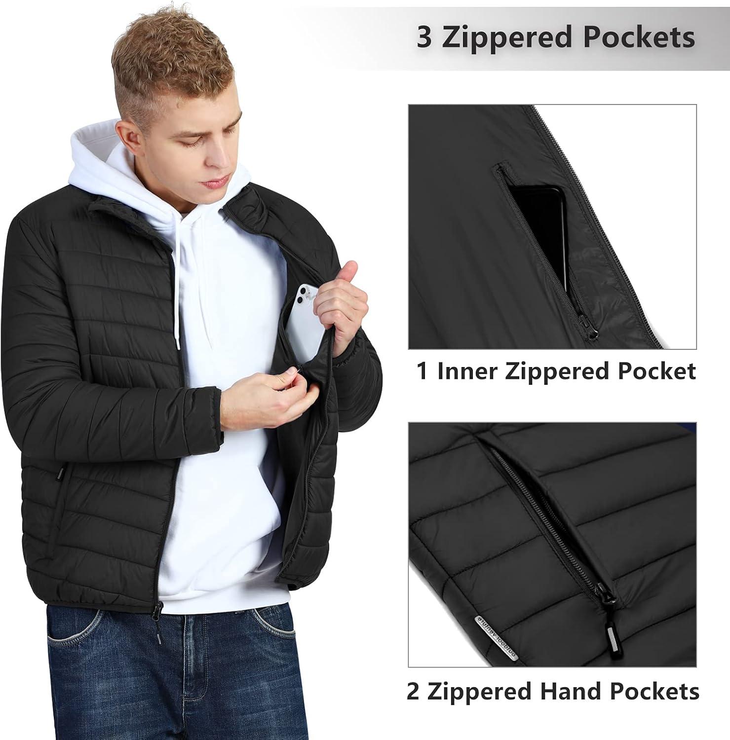 Outdoor Ventures Men’s Lightweight Packable Puffer Winter Jacket Insulated Puffy Coat for Snow Ski Hiking Travel(New Black(fold in Bag))