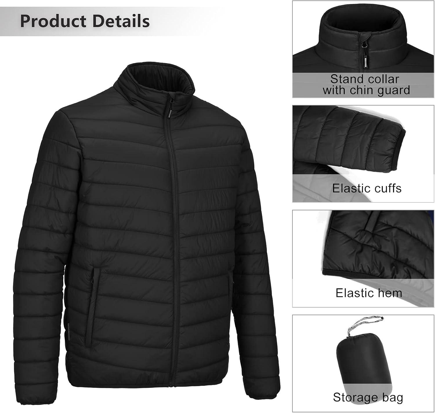 Outdoor Ventures Men’s Lightweight Packable Puffer Winter Jacket Insulated Puffy Coat for Snow Ski Hiking Travel(New Black(fold in Bag))