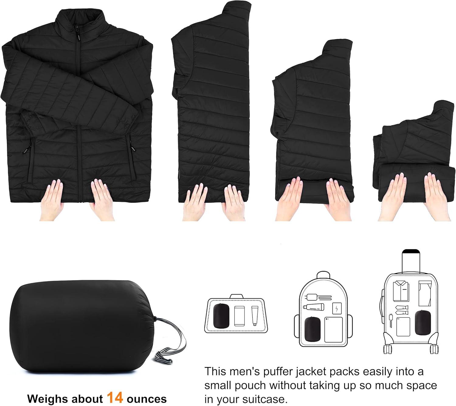 Outdoor Ventures Men’s Lightweight Packable Puffer Winter Jacket Insulated Puffy Coat for Snow Ski Hiking Travel(New Black(fold in Bag))
