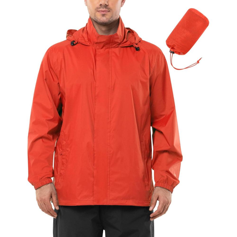 Outdoor Ventures Men’s Rain Jacket Waterproof Lightweight Packable Rain Shell Raincoat with Hood for Golf Hiking Travel(Light Orange Red)
