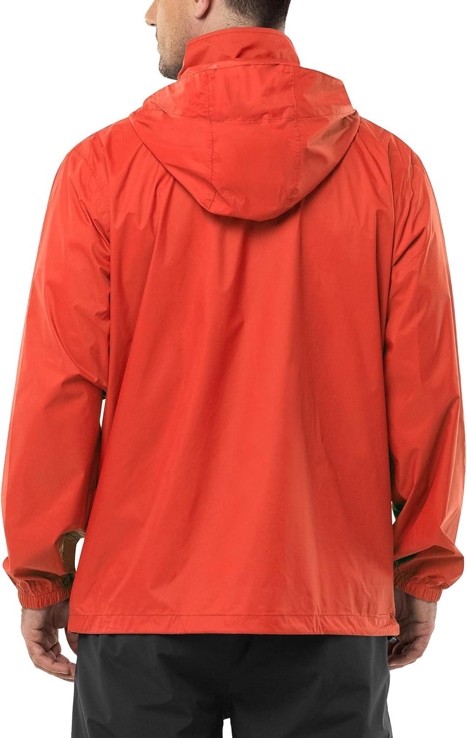 Outdoor Ventures Men’s Rain Jacket Waterproof Lightweight Packable Rain Shell Raincoat with Hood for Golf Hiking Travel(Light Orange Red)