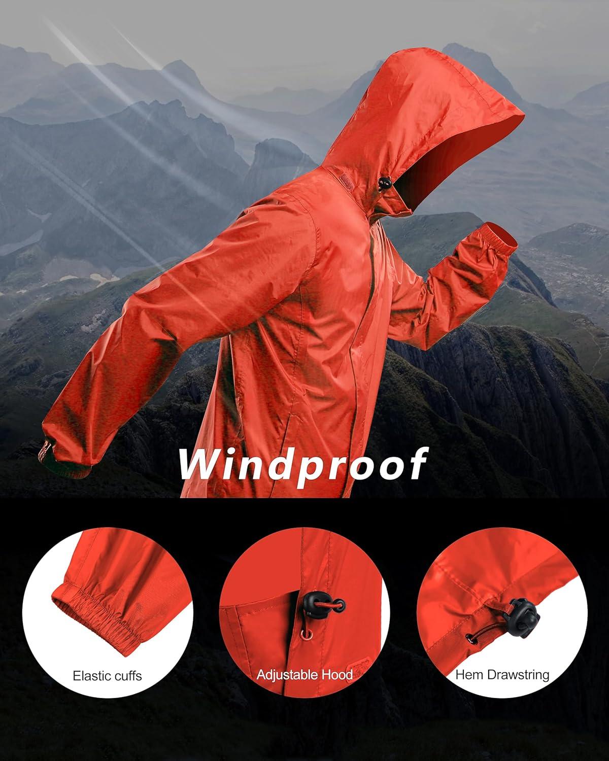 Outdoor Ventures Men’s Rain Jacket Waterproof Lightweight Packable Rain Shell Raincoat with Hood for Golf Hiking Travel(Light Orange Red)