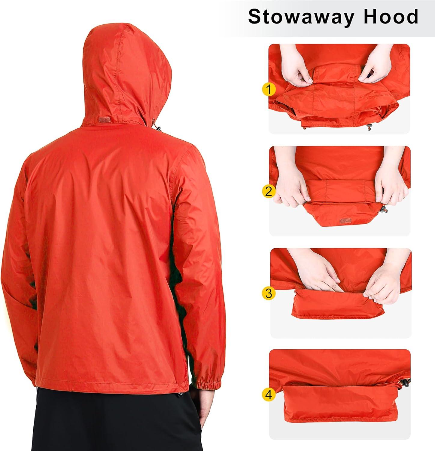 Outdoor Ventures Men’s Rain Jacket Waterproof Lightweight Packable Rain Shell Raincoat with Hood for Golf Hiking Travel(Light Orange Red)