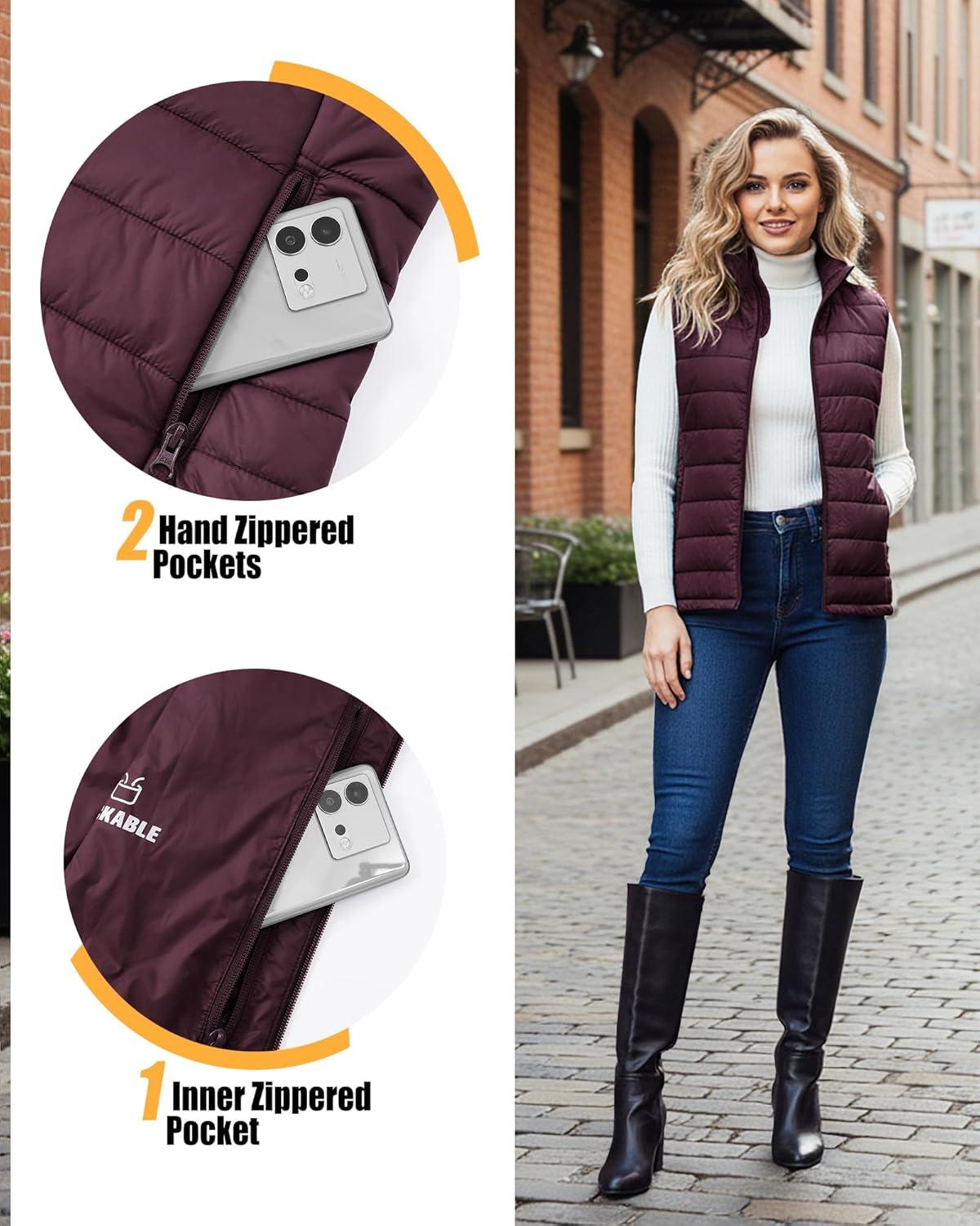 Outdoor Ventures Women’s Lightweight Puffer Vest Outerwear Zip Up Warm Sleeveless Winter Jacket Padded Gilet Quilted Coat(Eggplant)