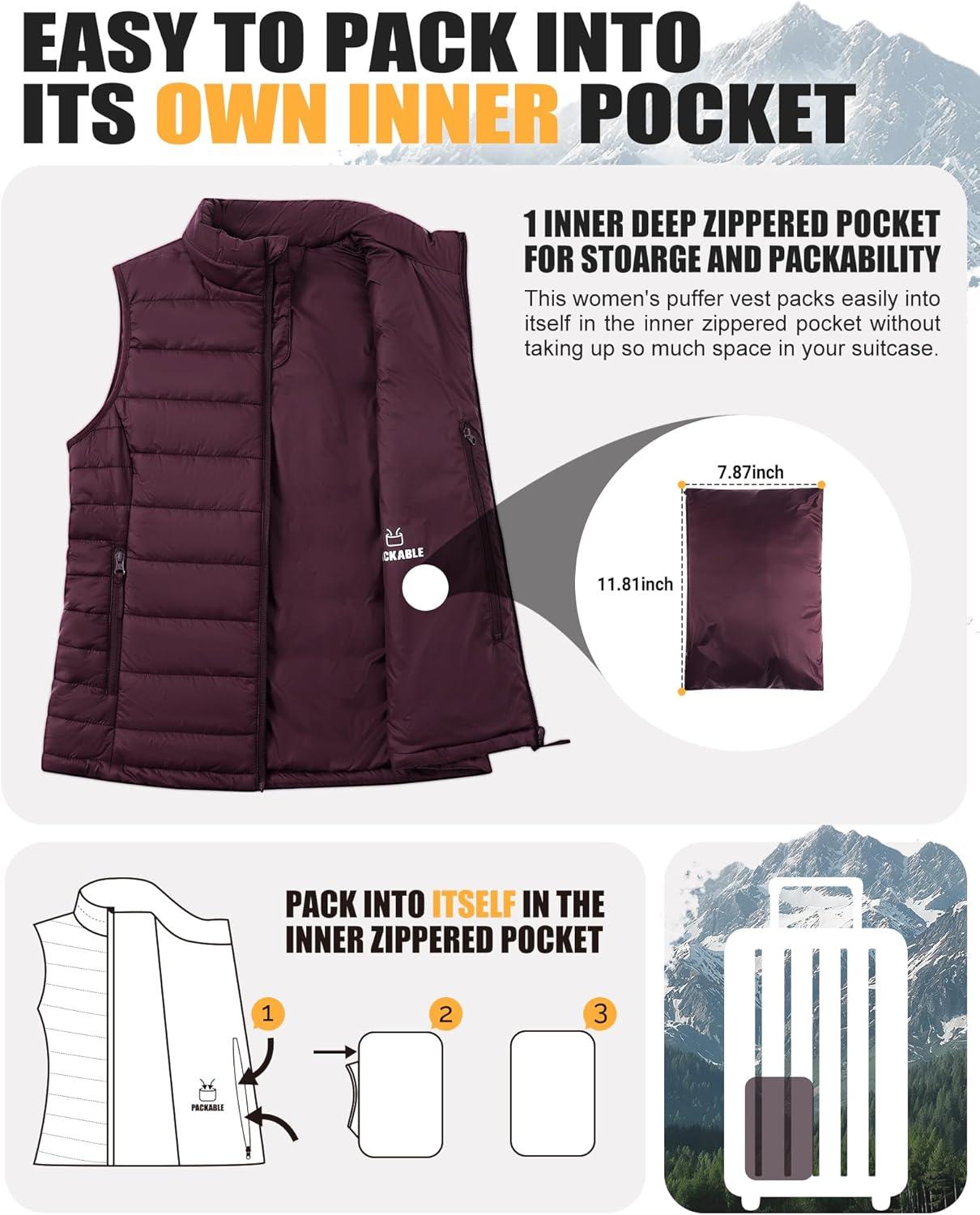 Outdoor Ventures Women’s Lightweight Puffer Vest Outerwear Zip Up Warm Sleeveless Winter Jacket Padded Gilet Quilted Coat(Eggplant)