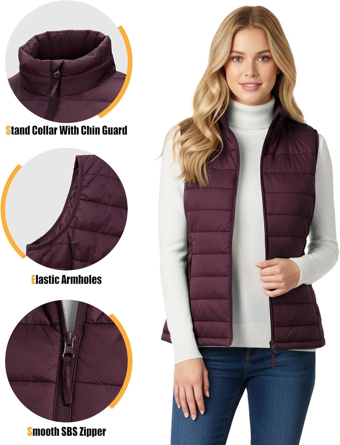 Outdoor Ventures Women’s Lightweight Puffer Vest Outerwear Zip Up Warm Sleeveless Winter Jacket Padded Gilet Quilted Coat(Eggplant)