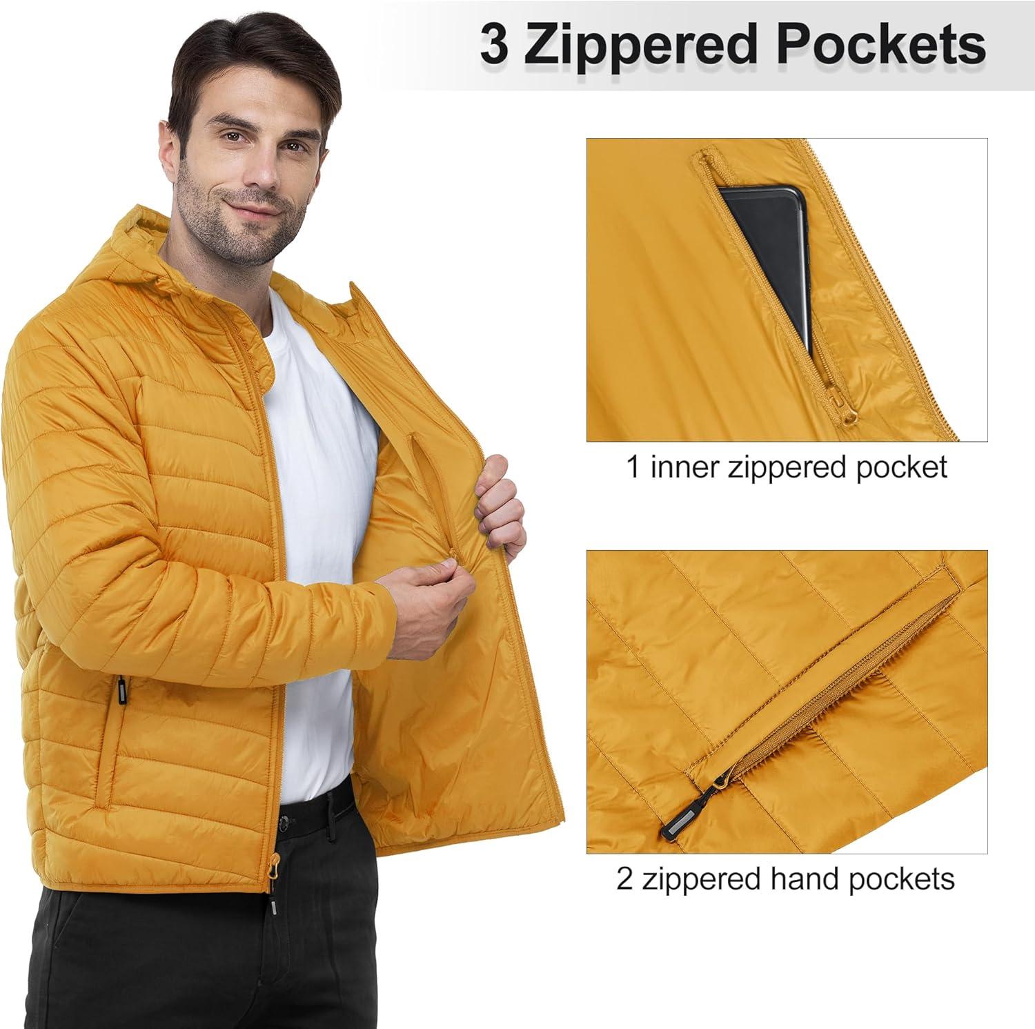 Outdoor Ventures Men’s Lightweight Packable Hooded Puffer Jacket Insulated Winter Coat for Snow Ski Traveling(Yellow(fold in Pocket))