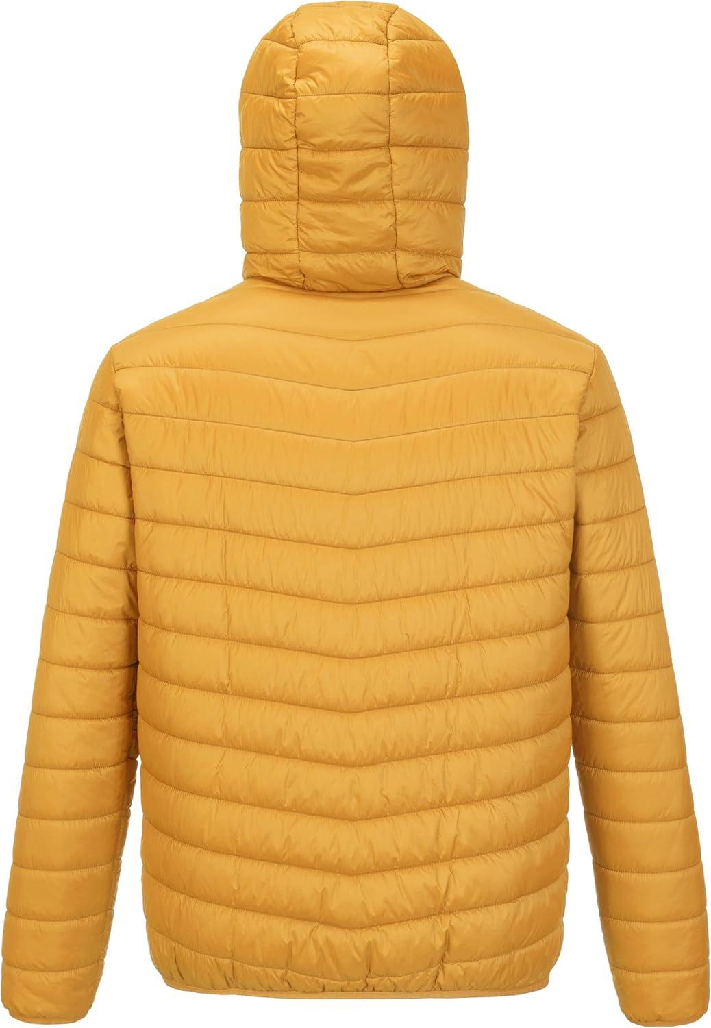 Outdoor Ventures Men’s Lightweight Packable Hooded Puffer Jacket Insulated Winter Coat for Snow Ski Traveling(Yellow(fold in Pocket))