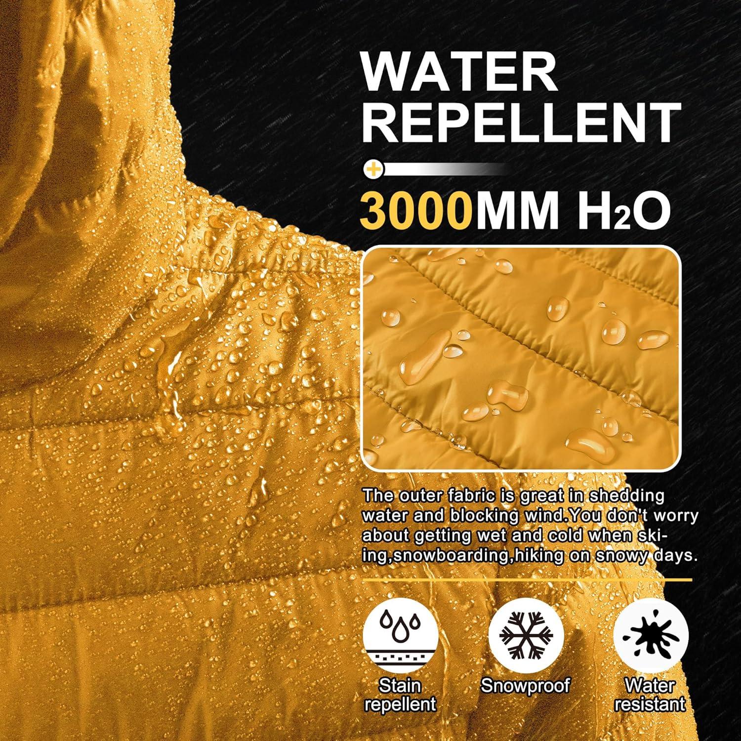 Outdoor Ventures Men’s Lightweight Packable Hooded Puffer Jacket Insulated Winter Coat for Snow Ski Traveling(Yellow(fold in Pocket))