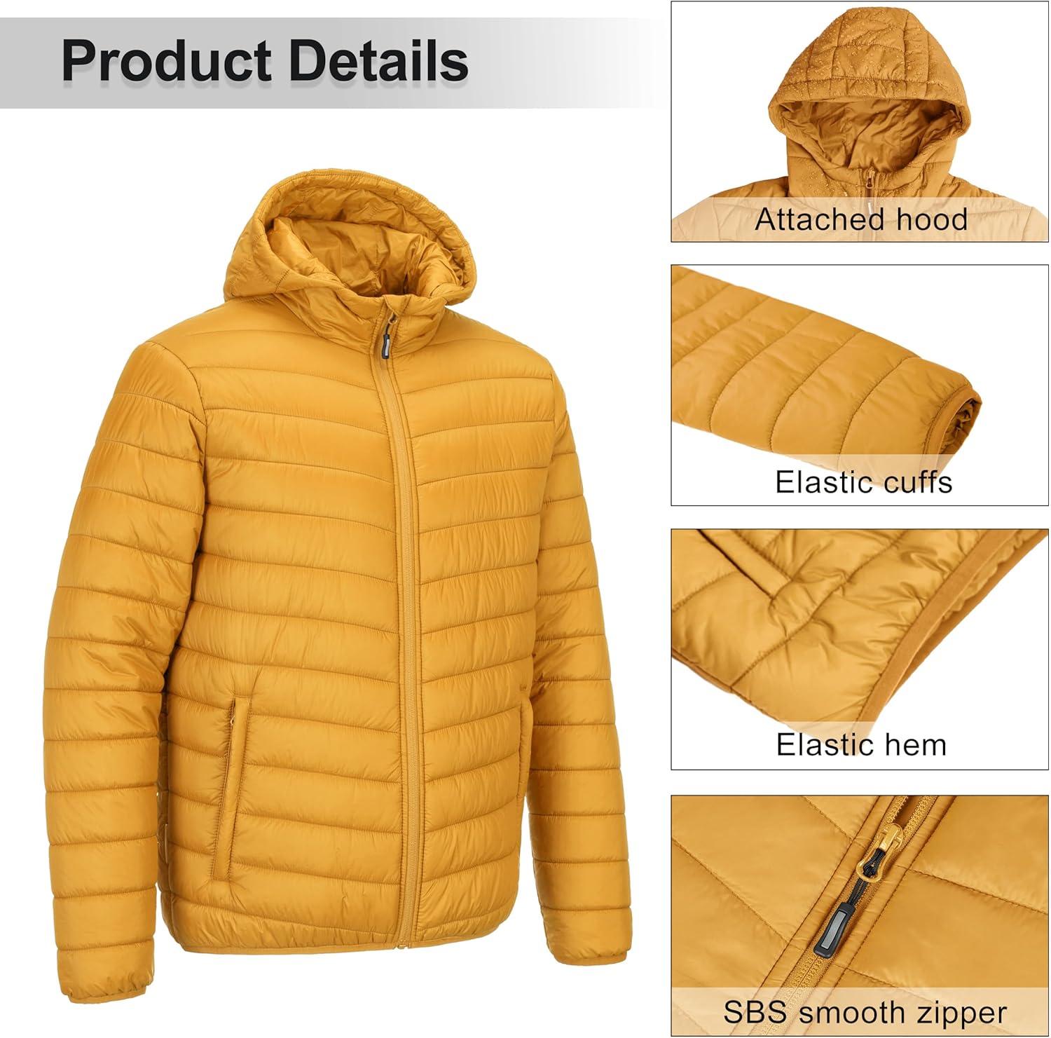Outdoor Ventures Men’s Lightweight Packable Hooded Puffer Jacket Insulated Winter Coat for Snow Ski Traveling(Yellow(fold in Pocket))