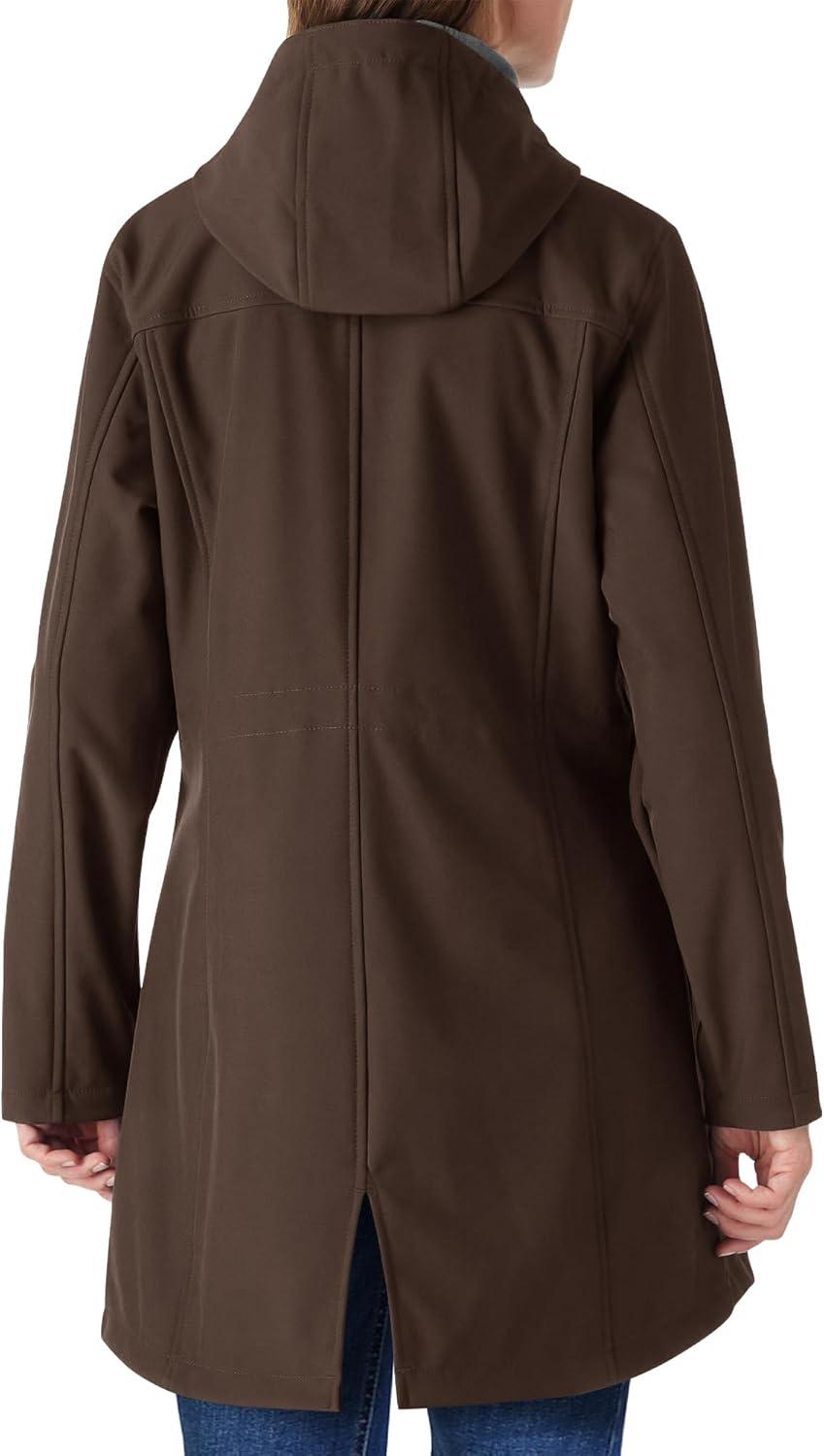 Outdoor Ventures Women’s Lightweight Waterproof Fleece Lined Hooded Softshell Rain Jacket, Warm Windbreaker Long Coat(Chocolate)