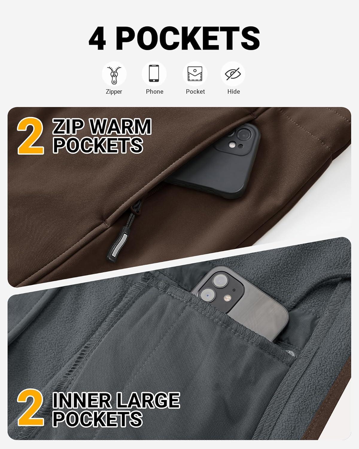 Outdoor Ventures Women’s Lightweight Waterproof Fleece Lined Hooded Softshell Rain Jacket, Warm Windbreaker Long Coat(Chocolate)