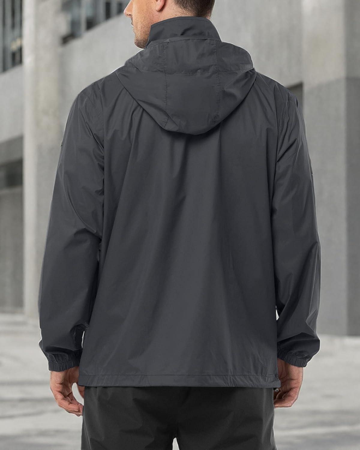 Outdoor Ventures Men’s Rain Jacket Waterproof Lightweight Packable Rain Shell Raincoat with Hood for Golf Hiking Travel(Mid Grey)
