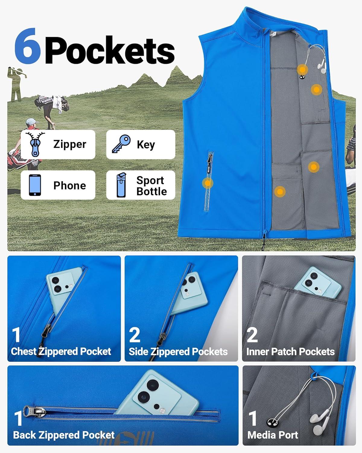 Outdoor Ventures Men’s Windproof Softshell Vest Outerwear Lightweight Sleeveless Jacket for Running Golf Hiking Travel(Bright Blue)