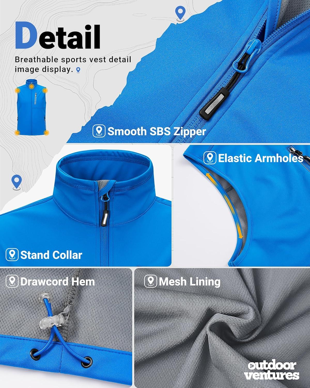 Outdoor Ventures Men’s Windproof Softshell Vest Outerwear Lightweight Sleeveless Jacket for Running Golf Hiking Travel(Bright Blue)