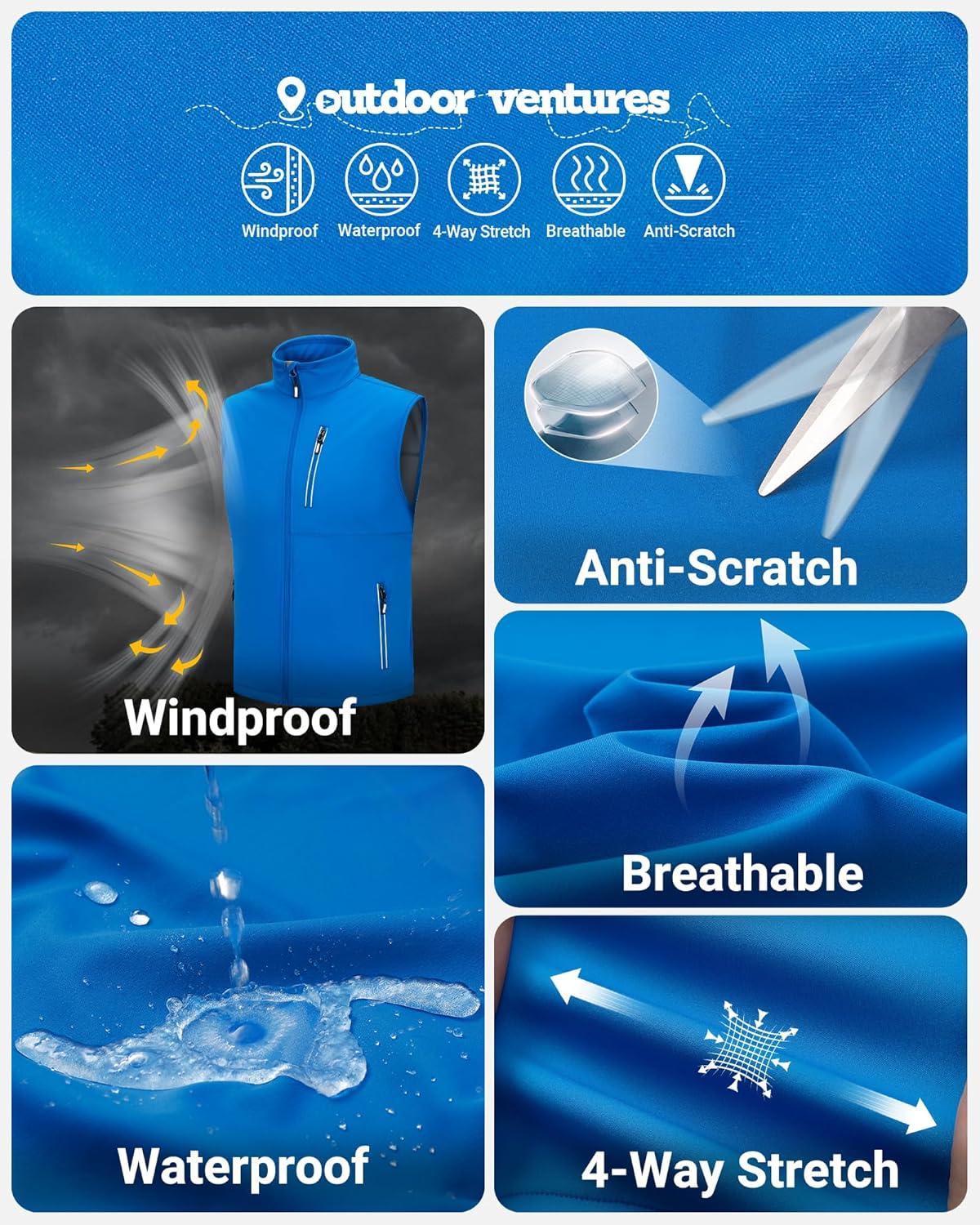 Outdoor Ventures Men’s Windproof Softshell Vest Outerwear Lightweight Sleeveless Jacket for Running Golf Hiking Travel(Bright Blue)