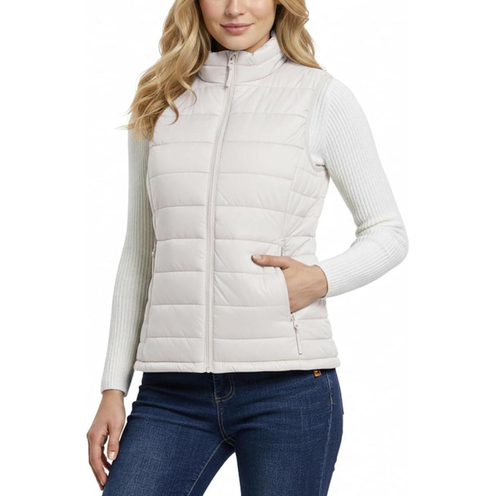 Outdoor Ventures Women’s Lightweight Puffer Vest Outerwear Zip Up Warm Sleeveless Winter Jacket Padded Gilet Quilted Coat(Cream)