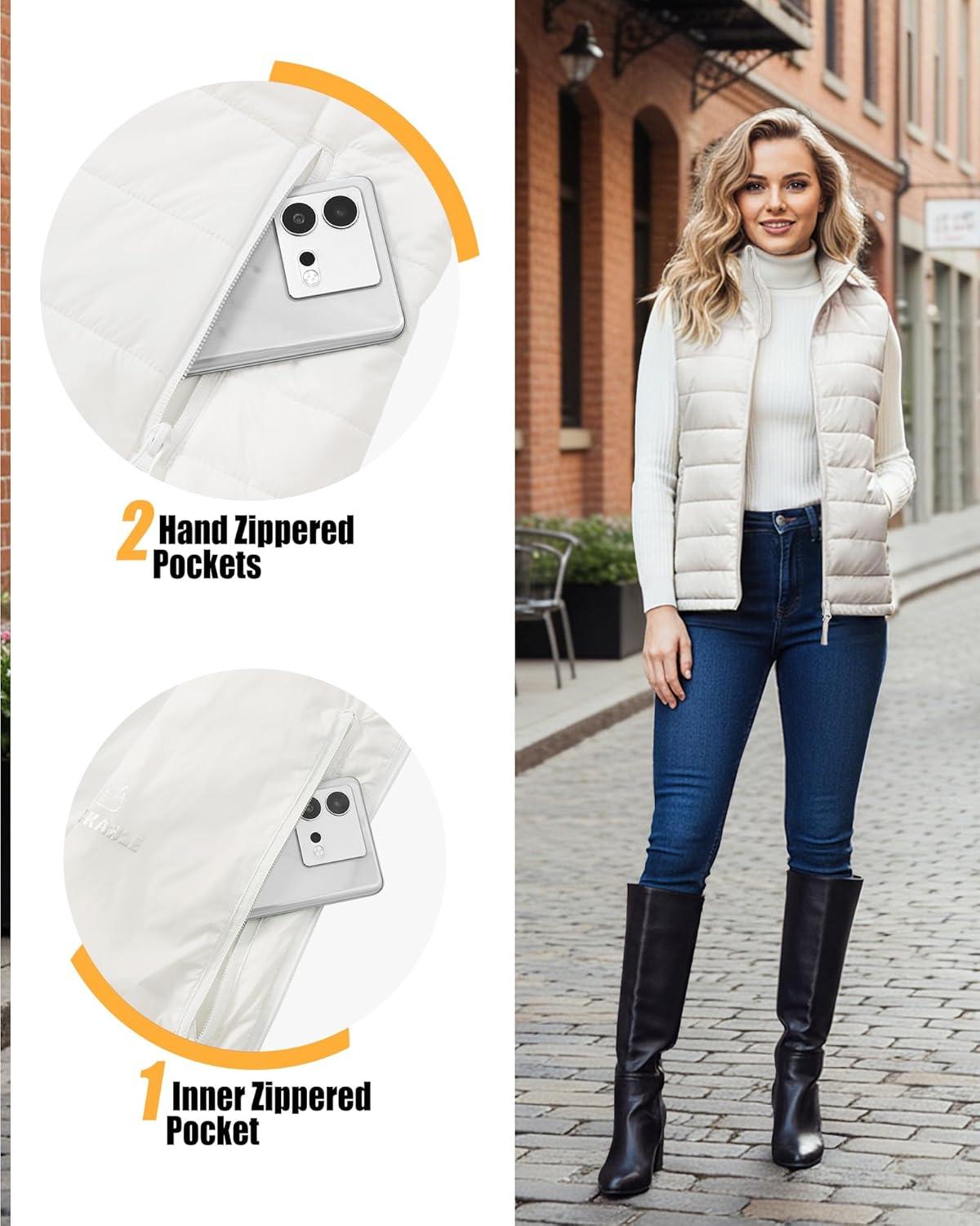 Outdoor Ventures Women’s Lightweight Puffer Vest Outerwear Zip Up Warm Sleeveless Winter Jacket Padded Gilet Quilted Coat(Cream)