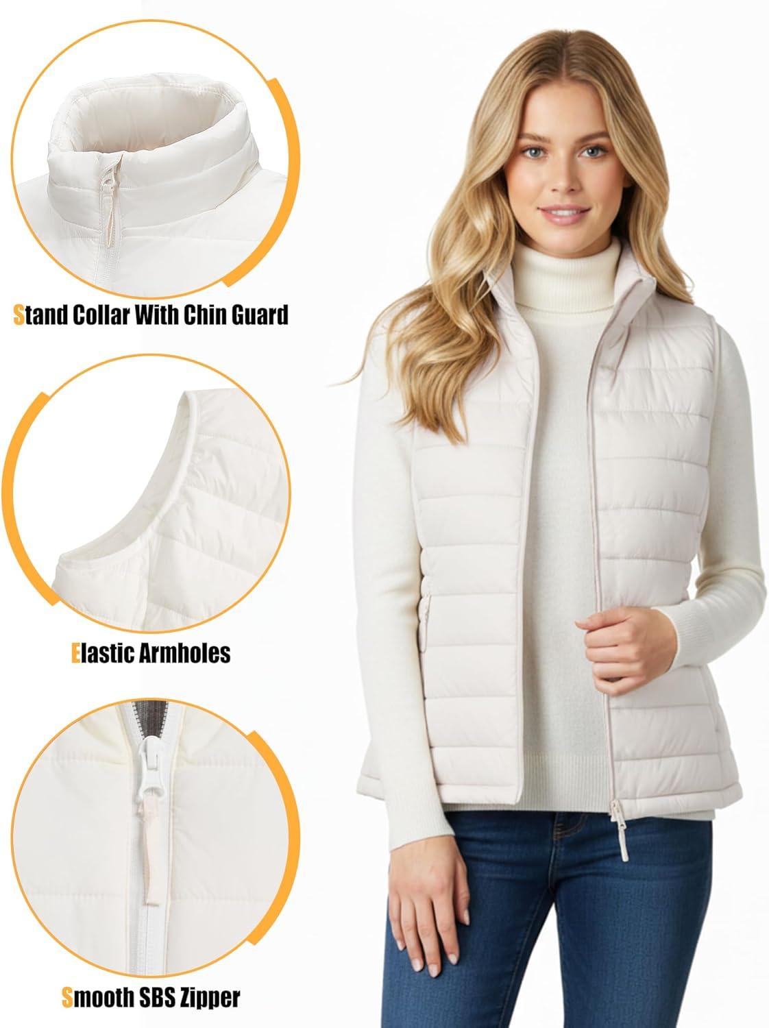 Outdoor Ventures Women’s Lightweight Puffer Vest Outerwear Zip Up Warm Sleeveless Winter Jacket Padded Gilet Quilted Coat(Cream)