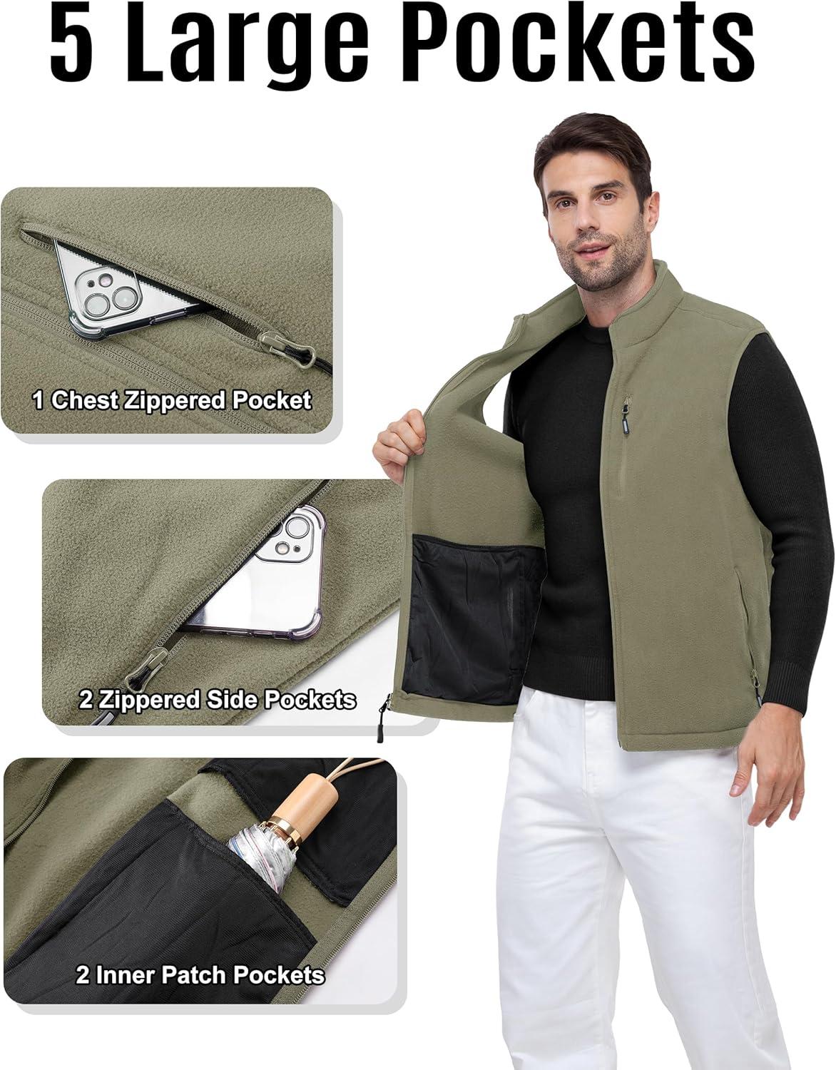 Outdoor Ventures Men’s Full-Zip Lightweight Polar Fleece Vest Outerwear with 5 Pockets Warm Winter Sleeveless Jacket Casual(Green)