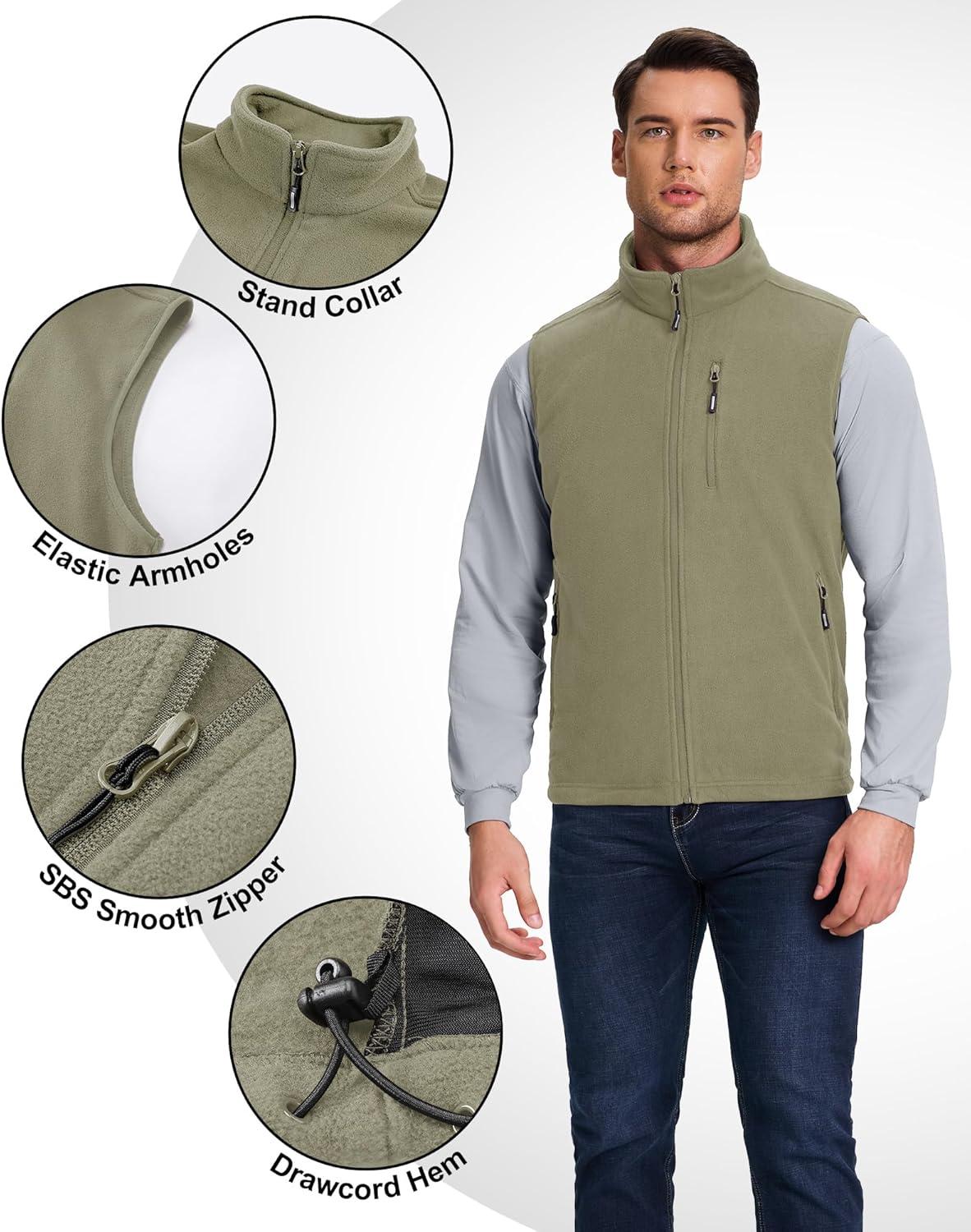 Outdoor Ventures Men’s Full-Zip Lightweight Polar Fleece Vest Outerwear with 5 Pockets Warm Winter Sleeveless Jacket Casual(Green)