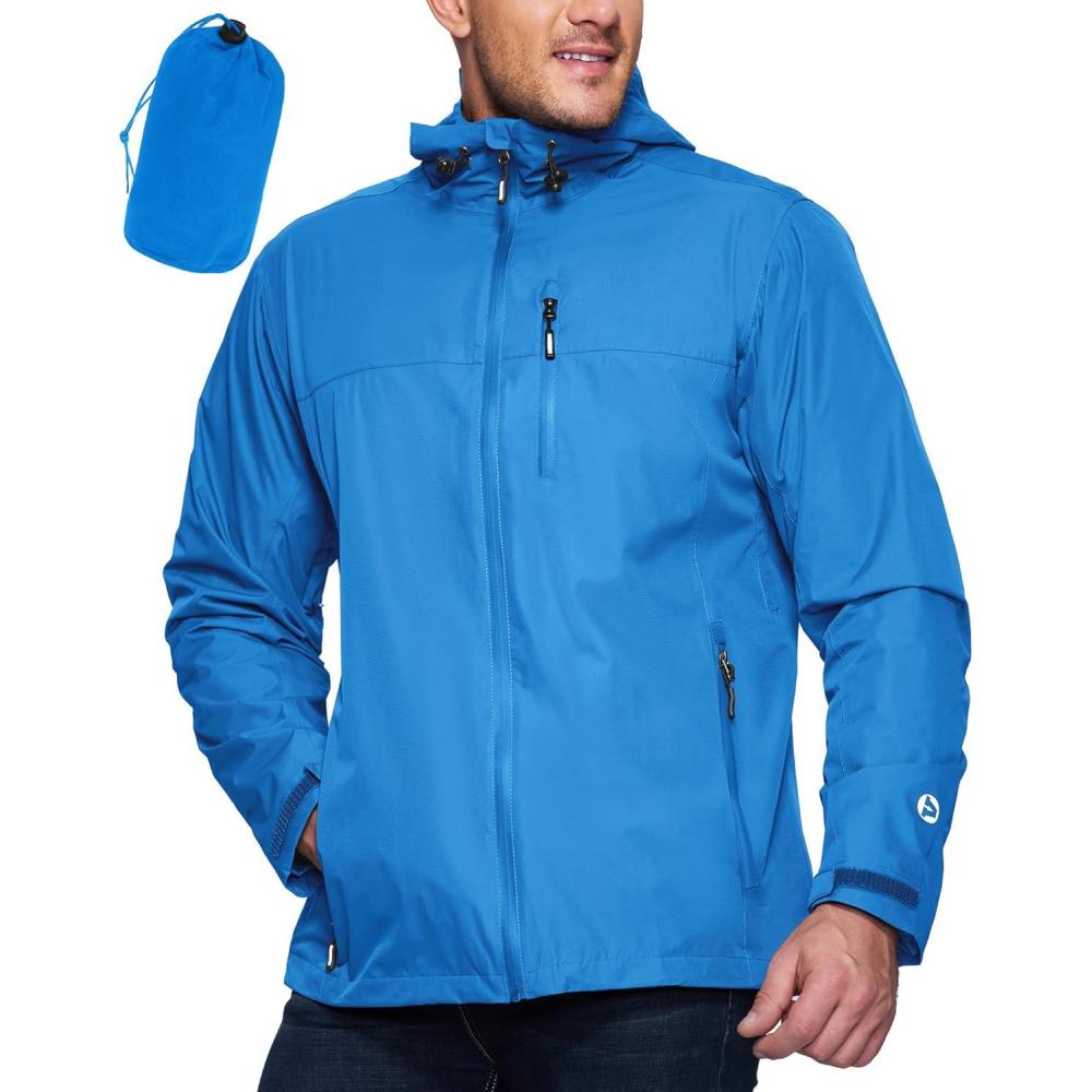 Outdoor Ventures Men’s Packable Rain Jacket Waterproof Lightweight Raincoat with Hood Windproof Cycling Jackets(Bright Blue)