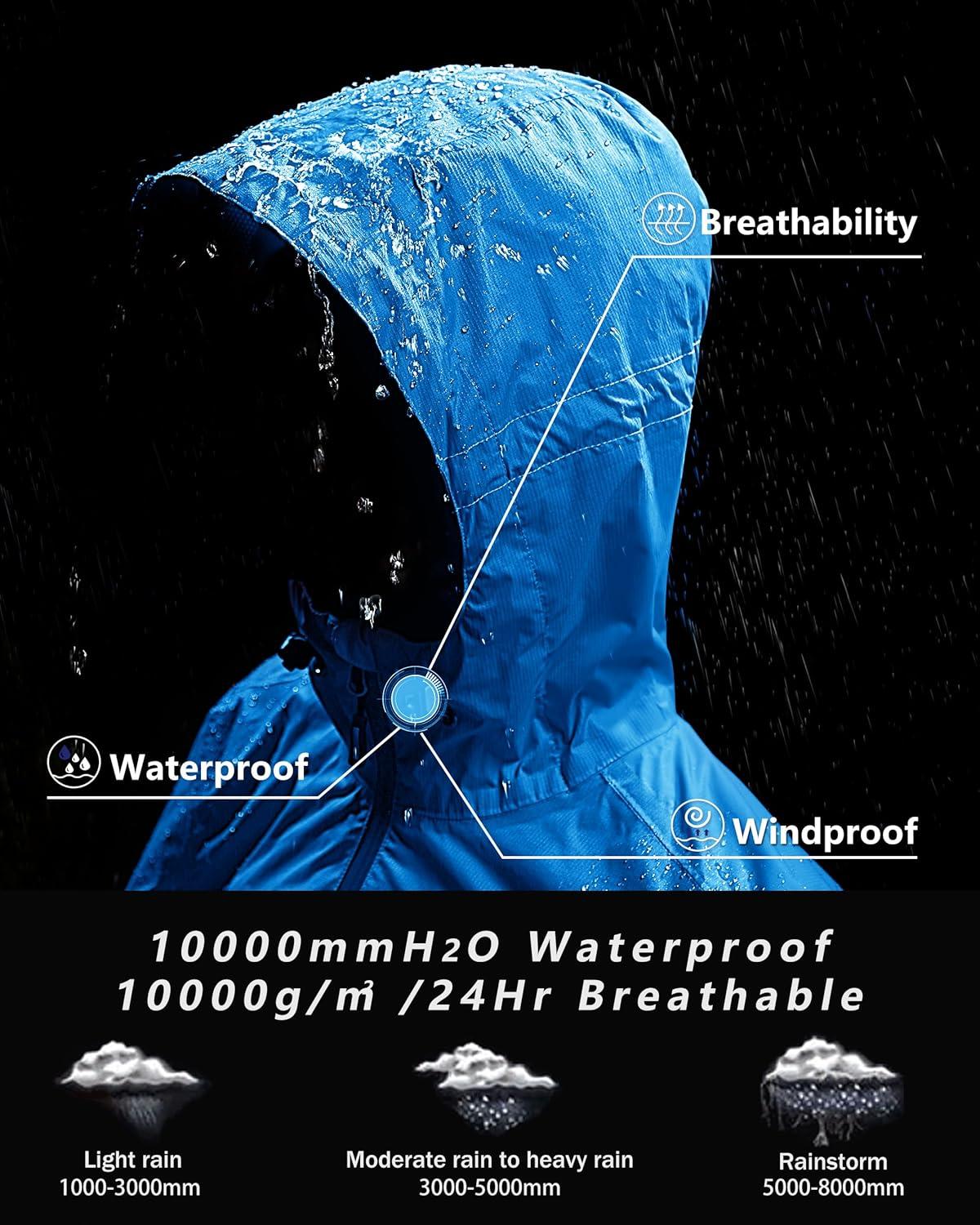 Outdoor Ventures Men’s Packable Rain Jacket Waterproof Lightweight Raincoat with Hood Windproof Cycling Jackets(Bright Blue)